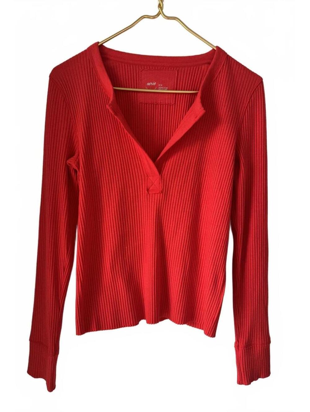 Aerie Fireside Henley Long Sleeve Ribbed V Neck T-Shirt Women's Size Medium Red